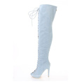 Wide leg women Plus Size 45 46  open toe super high stiletto heel ladies dress  lace up  over the knee winter denim boots